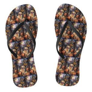 Halloween Golden Retriever With Pumpkins Scary Flip Flops
