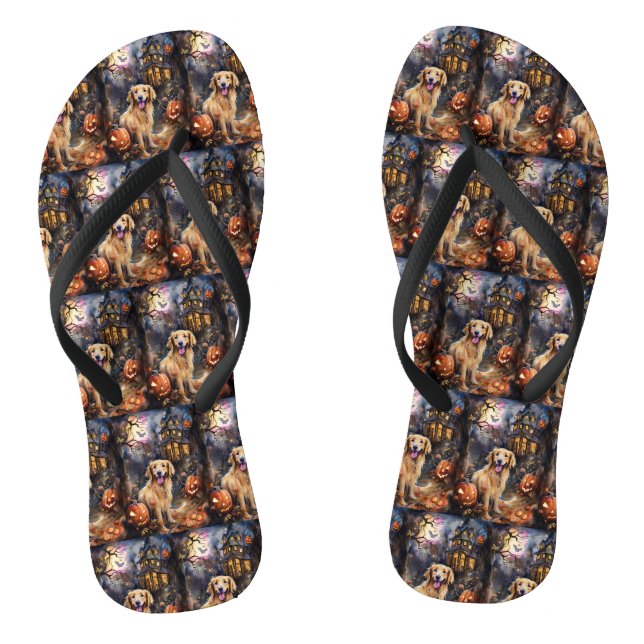 Halloween Golden Retriever With Pumpkins Scary Flip Flops (Footbed)
