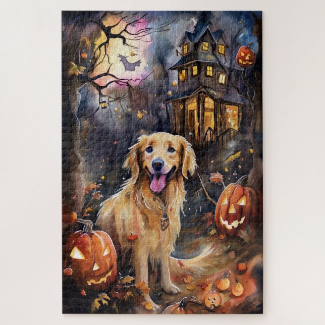 Halloween Golden Retriever With Pumpkins Scary Jigsaw Puzzle (Vertical)