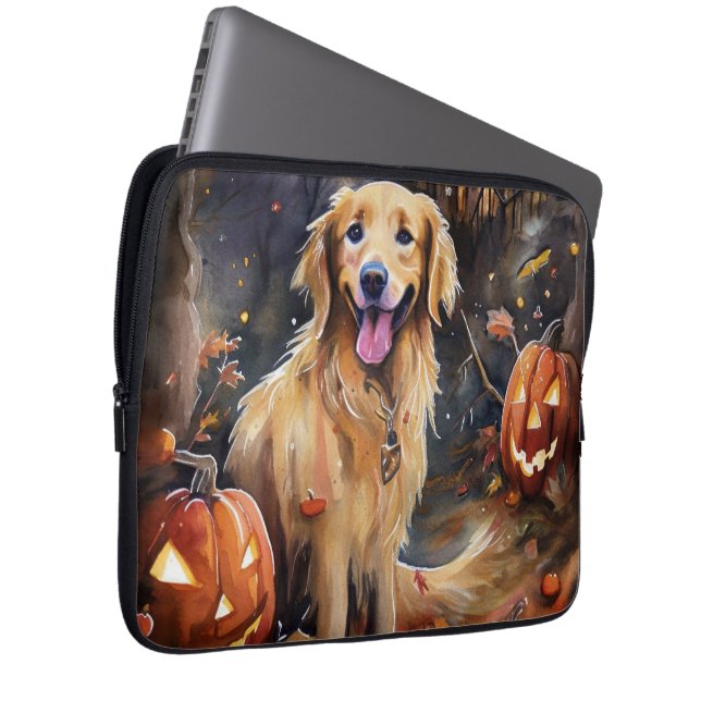 Halloween Golden Retriever With Pumpkins Scary Laptop Sleeve (Front Right)