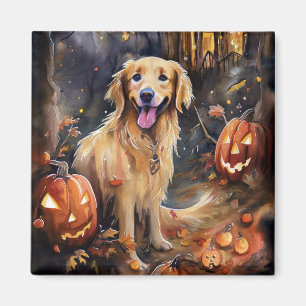 Halloween Golden Retriever With Pumpkins Scary Magnet