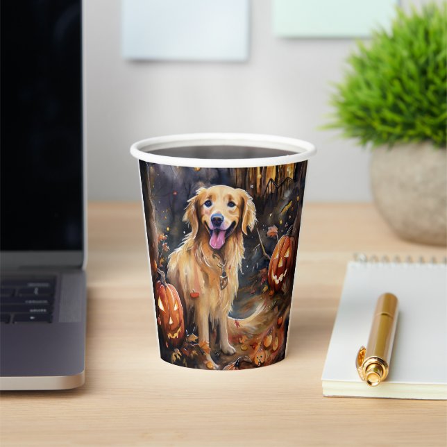 Halloween Golden Retriever With Pumpkins Scary Paper Cups (Insitu)
