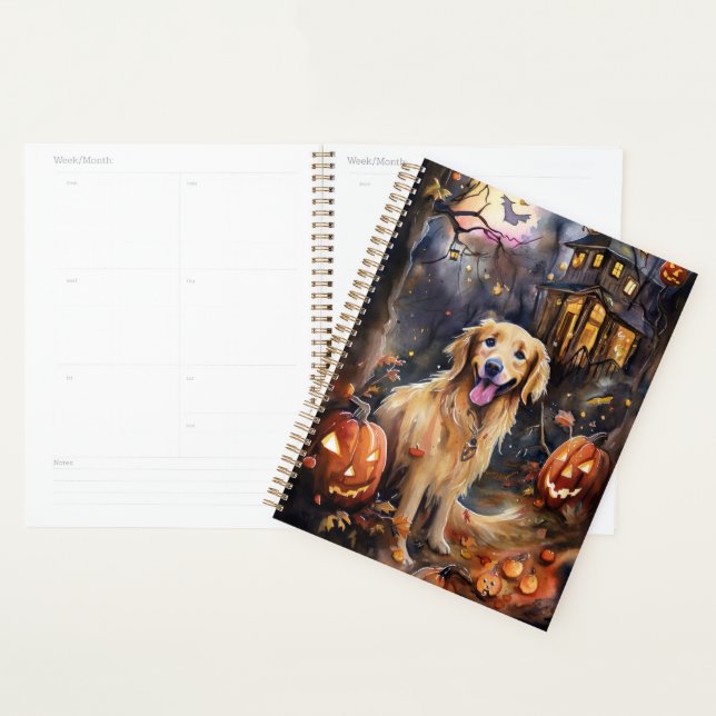 Halloween Golden Retriever With Pumpkins Scary Planner (Display)