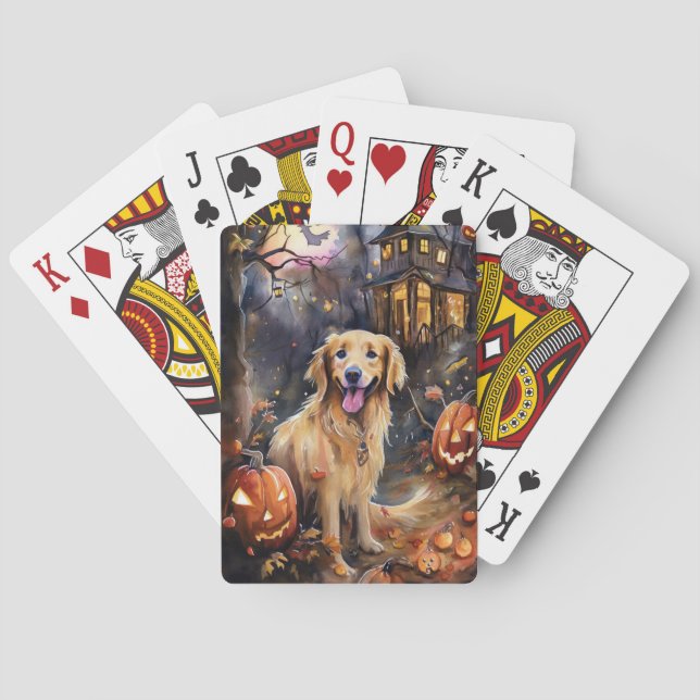 Halloween Golden Retriever With Pumpkins Scary Playing Cards (Back)
