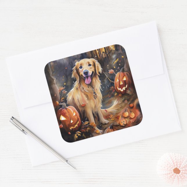 Halloween Golden Retriever With Pumpkins Scary Square Sticker (Envelope)