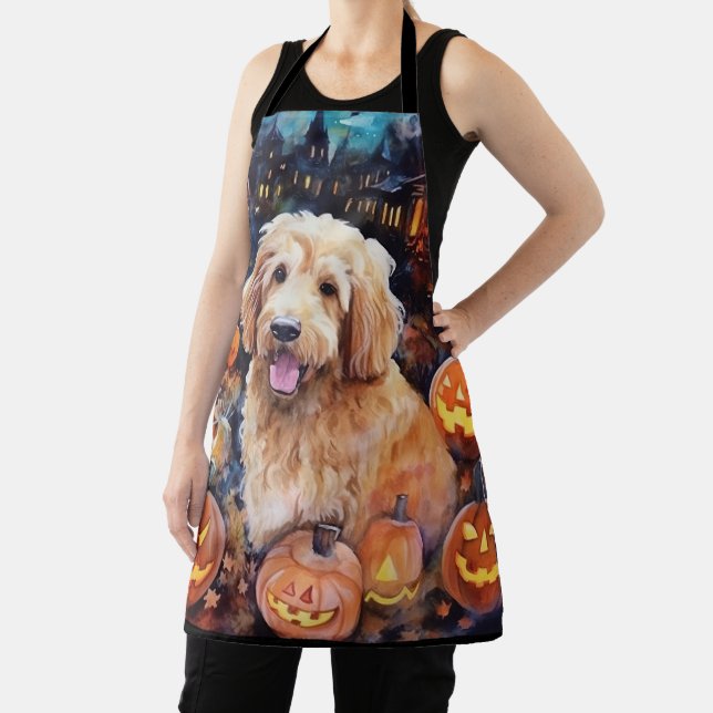 Halloween Goldendoodle With Pumpkins Scary Apron (Insitu)