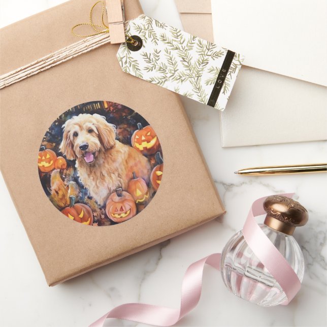 Halloween Goldendoodle With Pumpkins Scary Classic Round Sticker (Gifting)