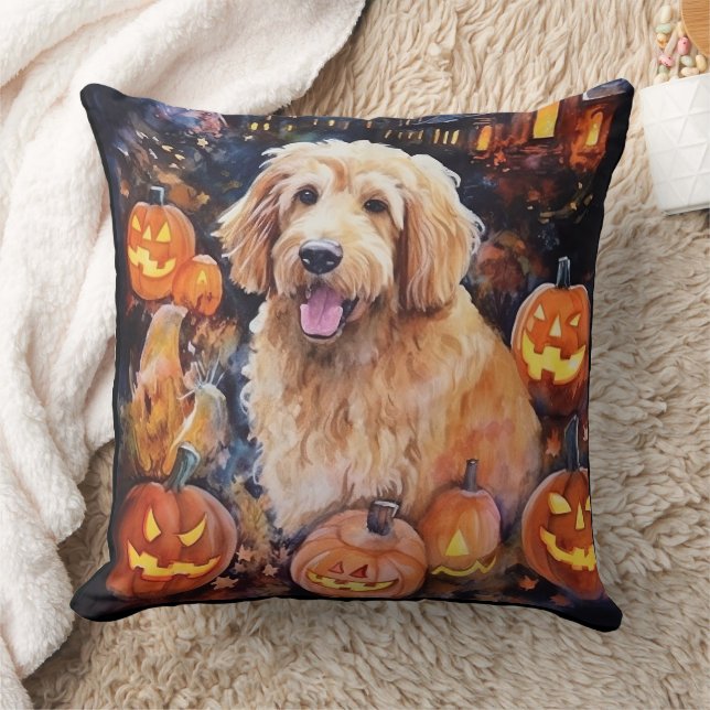 Halloween Goldendoodle With Pumpkins Scary Cushion (Blanket)