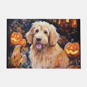 Halloween Goldendoodle With Pumpkins Scary Doormat