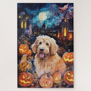 Halloween Goldendoodle With Pumpkins Scary Jigsaw Puzzle