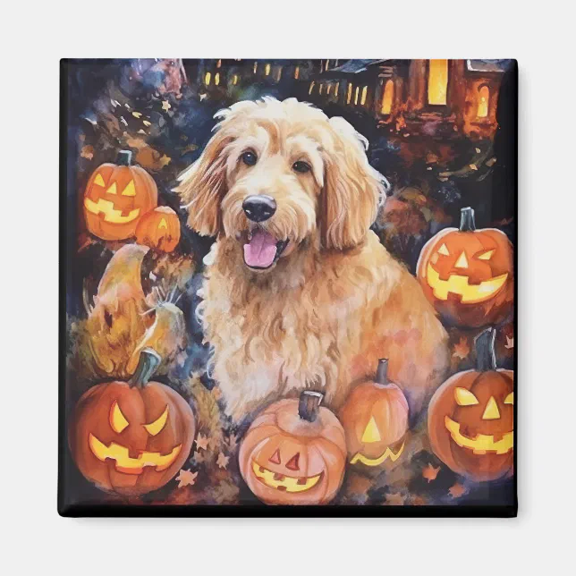Halloween Goldendoodle With Pumpkins Scary Magnet | Zazzle
