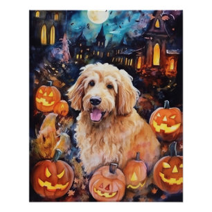 Halloween Goldendoodle With Pumpkins Scary Poster
