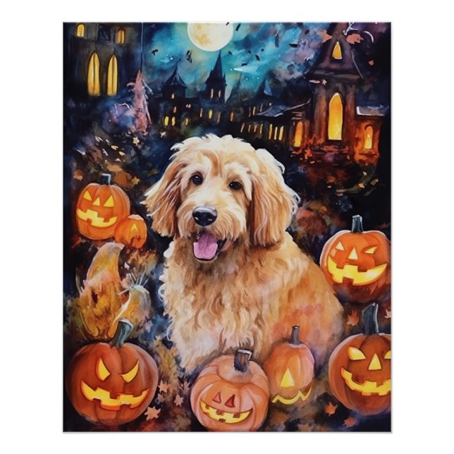 Halloween Goldendoodle With Pumpkins Scary Poster (Front)