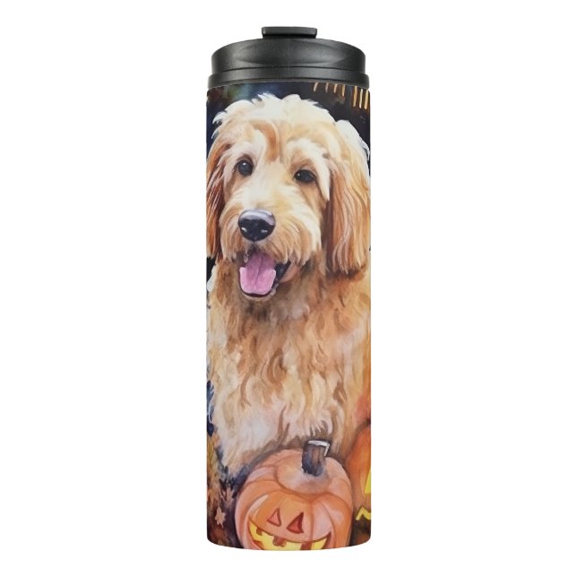Halloween Goldendoodle With Pumpkins Scary Thermal Tumbler (Front)