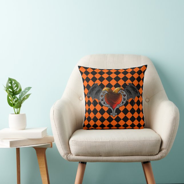 Halloween Goth Orange Heart & Bat Wings Pillow (Chair)