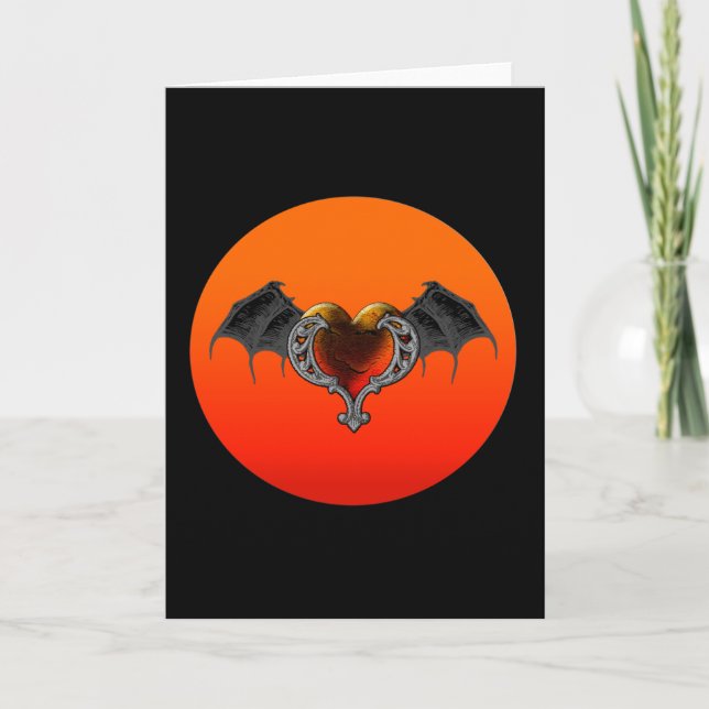 Halloween Goth Orange Heart with Bat Wings Card (Front)
