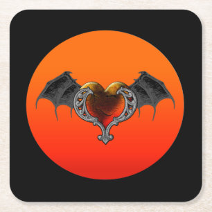 Halloween Goth Orange Heart with Bat Wings Coaster