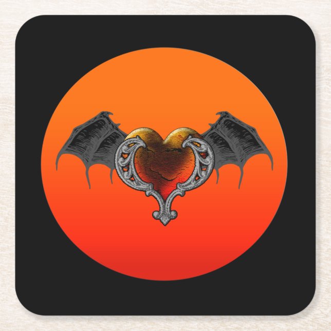 Halloween Goth Orange Heart with Bat Wings Coaster (Front)