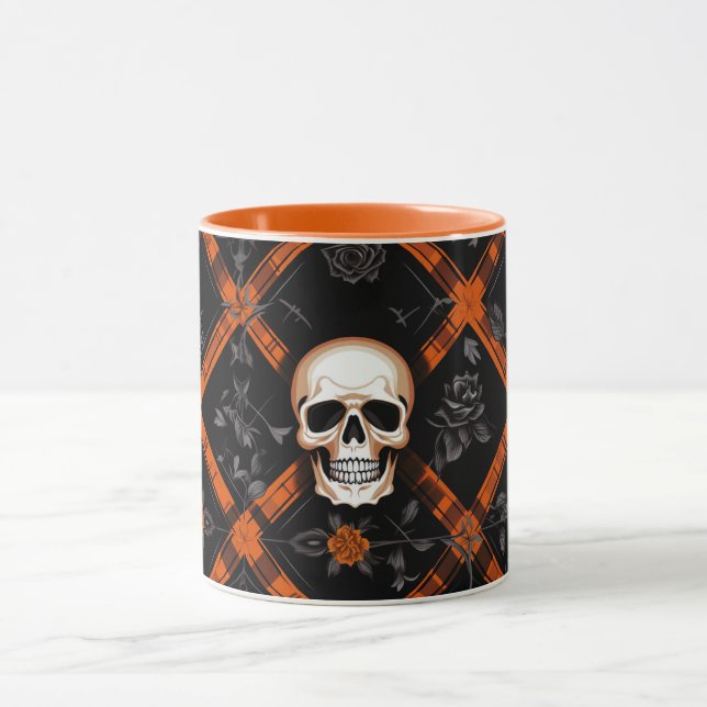 Halloween Goth Orange Tartan Pattern chequered Mug (Center)