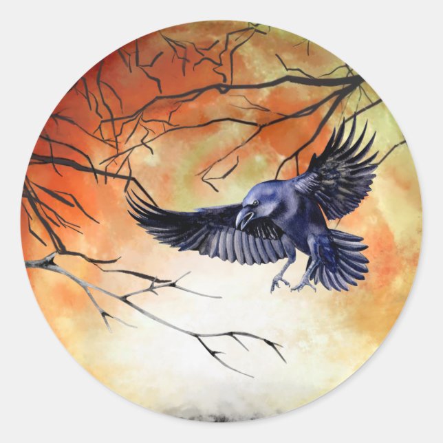  Halloween Goth Raven Crow Moon Scene  Classic Round Sticker (Front)
