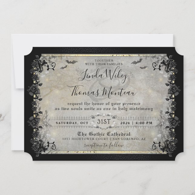 Halloween Gothic Bats Grey & Black "Together With" Invitation (Back)