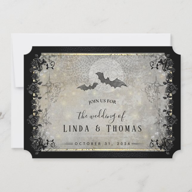 Halloween Gothic Bats Grey & Black Wedding Invitat Invitation (Front)