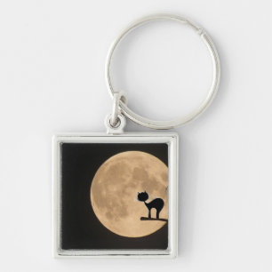Halloween gothic black cat with full moon key ring