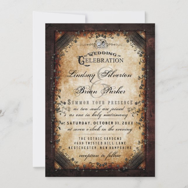 Halloween Gothic Brown Skeleton Wedding RECEPTION Invitation (Front)