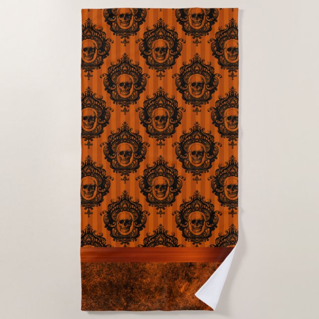 Halloween Gothic Chic | Orange and Black Skulls Beach Towel (Front)