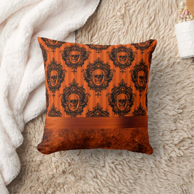 Halloween Gothic Chic | Orange and Black Skulls Cushion (Blanket)