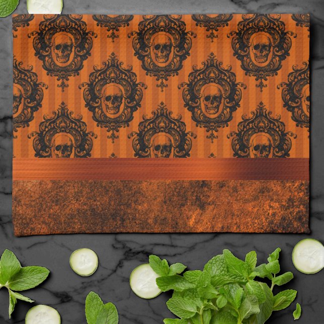 Halloween Gothic Chic | Orange and Black Skulls Tea Towel (Creator Uploaded)