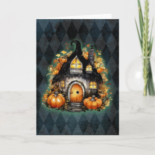 Halloween Gothic Fall Fairy Cottage Blue Argyle  Card