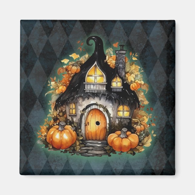 Halloween Gothic Fall Fairy Cottage Blue Argyle  Magnet (Front)