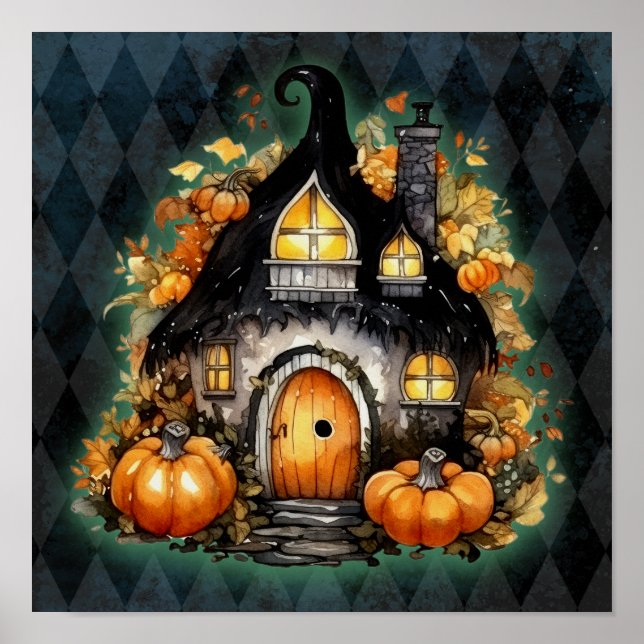 Halloween Gothic Fall Fairy Cottage Blue Argyle  Poster (Front)