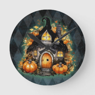 Halloween Gothic Fall Fairy Cottage Blue Argyle Round Clock