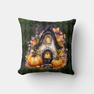 Halloween Gothic Fall Fairy Cottage Green Argyle Cushion