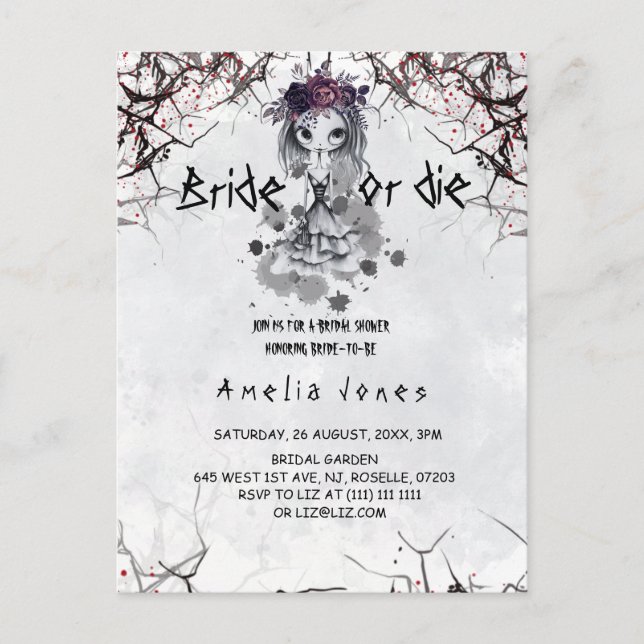 Halloween Gothic Girl Floral Bridal Shower  Postcard (Front)