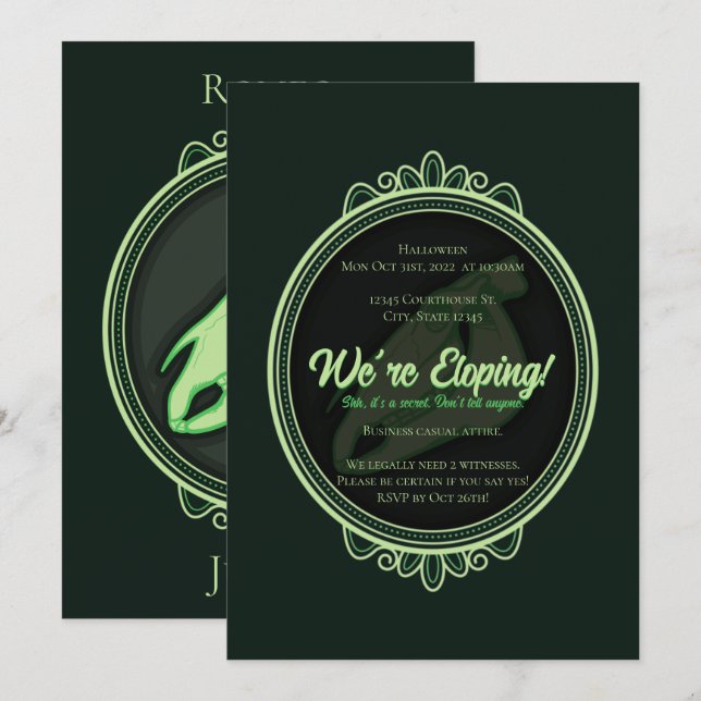 Halloween Gothic Green Horse Skull Elopement Invitation (Front/Back)