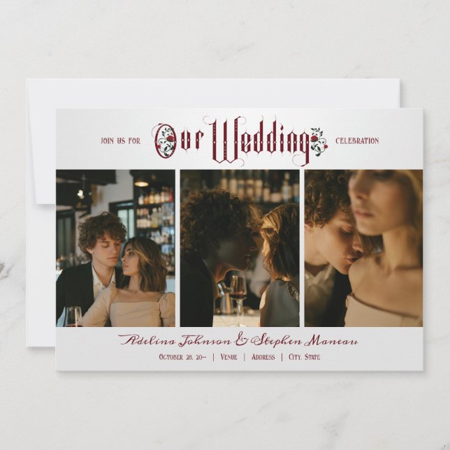 Halloween Gothic Script Red Roses 3 Photo Wedding Invitation (Front)