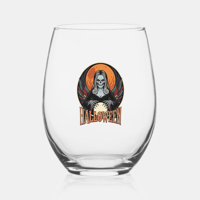 Halloween Gothic Skeleton Fortune Teller Vector Ar Stemless Wine Glass (Front)