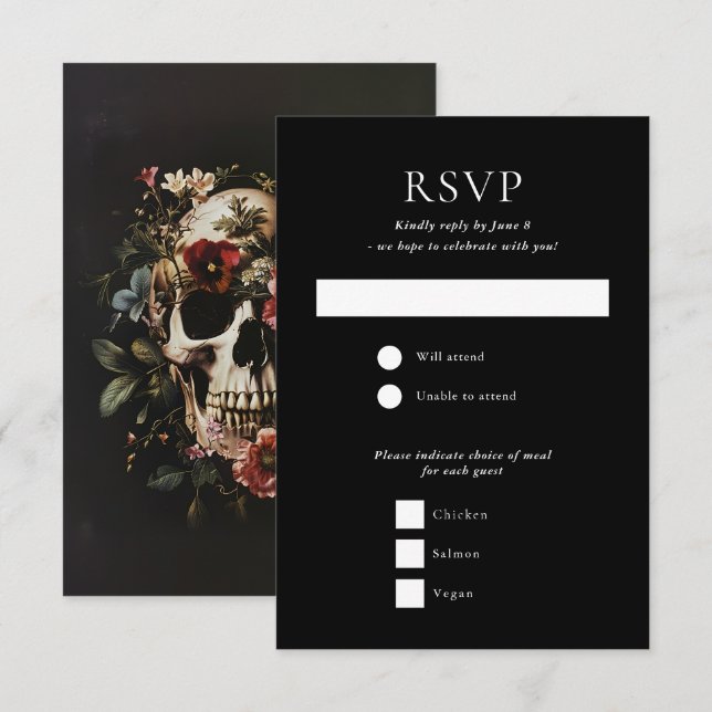 Halloween Gothic Skull Floral Black Wedding RSVP Card (Front/Back)