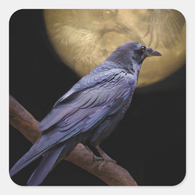 Halloween, Gothic Style Raven and Moon Square Sticker (Front)