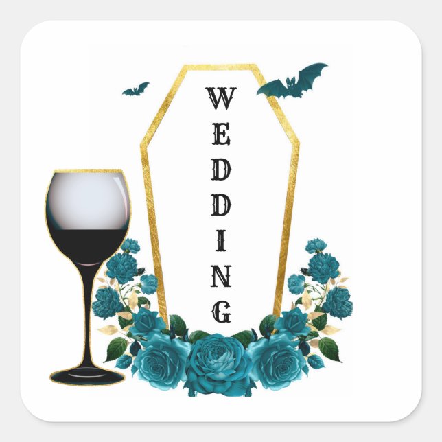 Halloween Gothic Teal Gold Coffin Floral Wedding Square Sticker (Front)