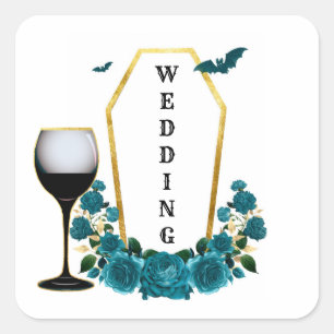 Halloween Gothic Teal Gold Coffin Floral Wedding Square Sticker