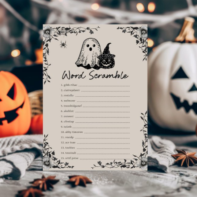Halloween Gothic Vintage Word Scramble Game (Black Floral Gothic Little Boo Baby Shower Word Scramble Game)
