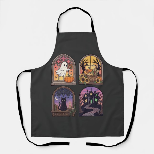 Halloween Gothic Window Ghost Pumpkin Black Cat Ha Apron (Front)