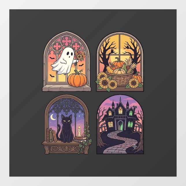 Halloween Gothic Window Ghost Pumpkin Black Cat Ha Cling (Sheet)