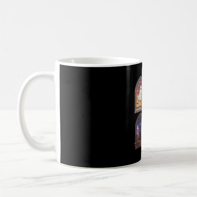Halloween Gothic Window Ghost Pumpkin Black Cat Ha Coffee Mug (Left)