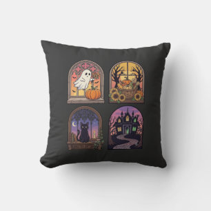 Halloween Gothic Window Ghost Pumpkin Black Cat Ha Cushion
