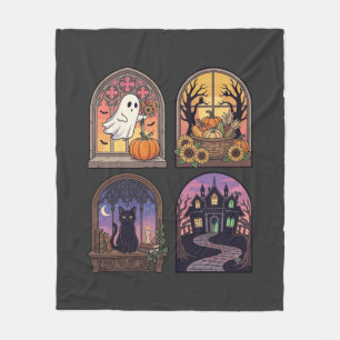 Halloween Gothic Window Ghost Pumpkin Black Cat Ha Fleece Blanket